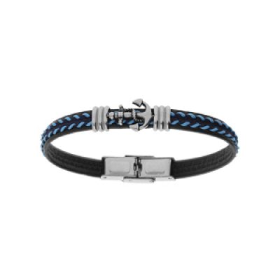 Bracelet junior en acier tissu noir et bleu motif ancre marine 16.5cm réglable
