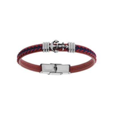 Bracelet junior en acier tissu rouge et bleu motif ancre marine 16.5cm réglable