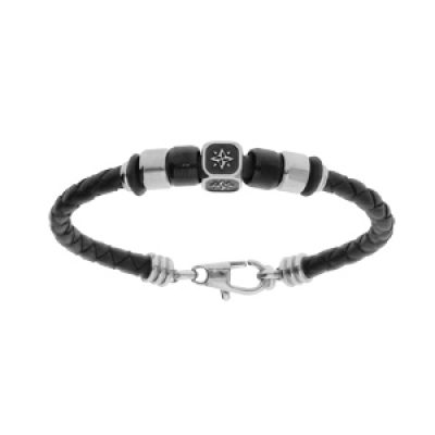 Bracelet junior en acier et cuir tressé noir avec cube motif étoile et rondelles en PVD noir 14.5cm+2.5cm