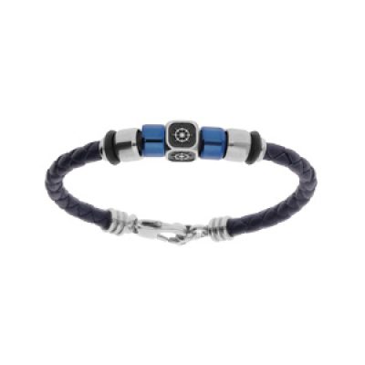 Bracelet junior en acier et cuir tressé noir cube motif roue de bateau et rondelles en PVD bleu 14.5cm+2.5cm