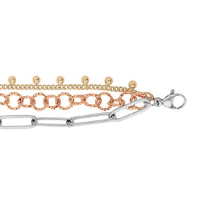 Bracelet en acier et dorure chaîne triple différente 3 tons 18+3cm