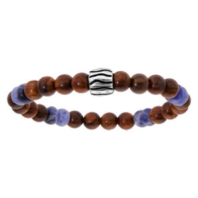 Bracelet junior en acier extensible perles bois et quartz bleu