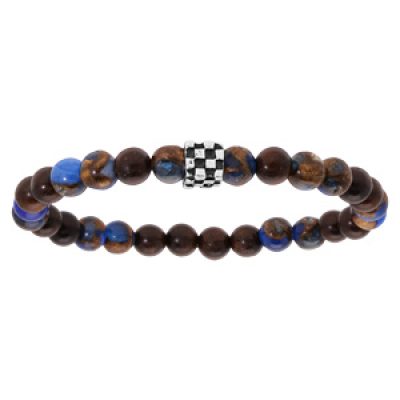 Bracelet extensible junior avec perles en quartz marron reflet bleu et cube