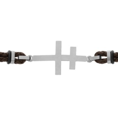 Bracelet en acier double cordon cuir marron foncé avec croix de Lorraine 20+3cm