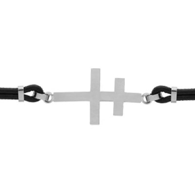 Bracelet en acier double cordon cuir noir avec croix de Lorraine 18+3cm