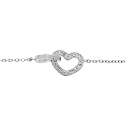 Bracelet en acier chaîne avec double coeur et oxydes blancs sertis 15+3cm