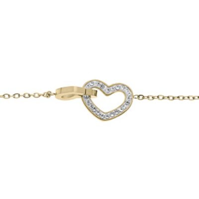 Bracelet en acier et PVD jaune chaîne avec double coeur et oxydes blancs sertis 15+3cm