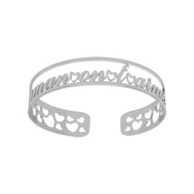 Bracelet manchette en acier rigide ouvert avec découpe "maman on t'aime" et coeurs