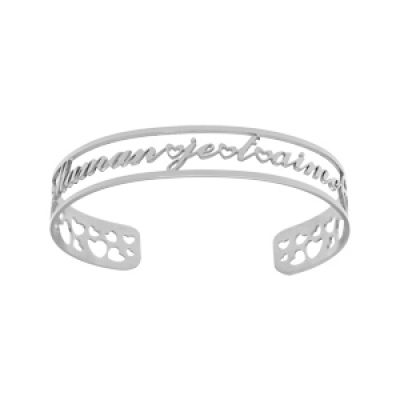 Bracelet manchette en acier rigide ouvert avec découpe "maman je t'aime" avec coeurs