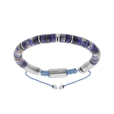 Bracelet en acier avec pierres Sodalite véritable montées sur cordon bleu coulissant