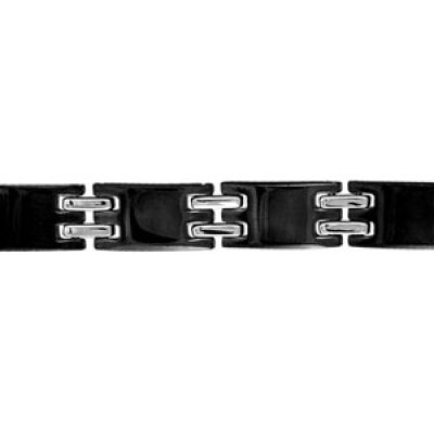 Bracelet en acier et PVD noir alternance de maillons noirs et de 2 petites barrettes grises - longueur 21cm réglable
