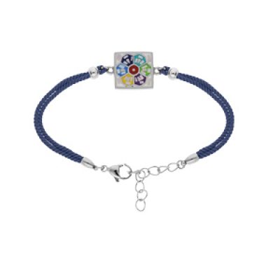 Bracelet Stella Mia en acier cordon bleu pastille carrée mosaique multi couleur et Nacre  16+3cm