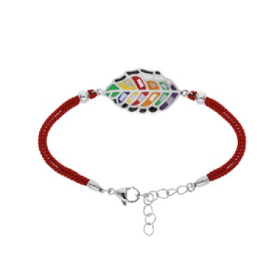Bracelet Stella Mia en acier cordon rouge pastille feuille multi couleur et Nacre 16+3cm