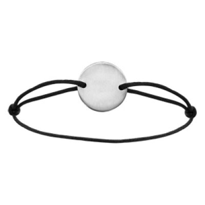 Bracelet en acier cordon noir coulissant avec plaque ronde au milieu