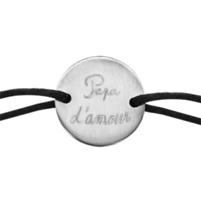 Bracelet en acier cordon noir coulissant avec plaque ronde gravée "Papa d'amour" au milieu
