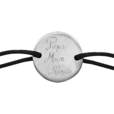 Bracelet en acier cordon noir coulissant avec plaque ronde gravée "Papa mon héros" au milieu