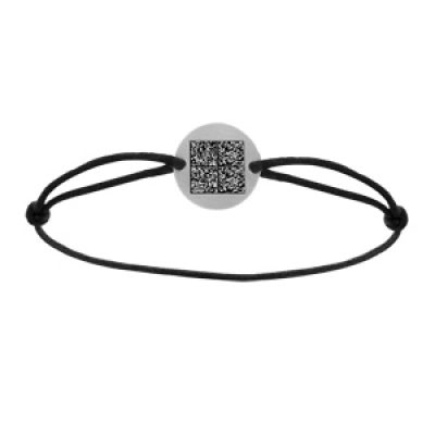 Bracelet cordon noir réglable et rondelle acier QR code