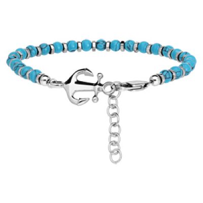 Bracele ten acier avec perles couleur turquoise et ancre 19+2cm