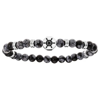 Bracelet extensible avec perles en obsidienne grises et noires et motif roue de bateau