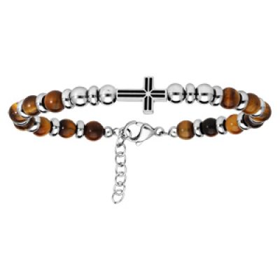 Bracelet en acier avec perles en Oeil de tigre marron et Croix sur le dessus 19+2cm
