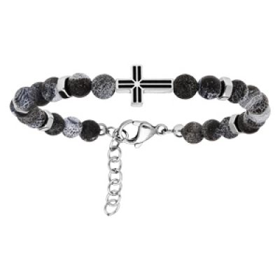 Bracelet en acier avec perles d'Agate grise avec Croix sur le dessus 19+2cm