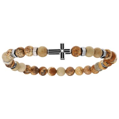 Bracelet extensible avec perles en jaspe véritable et motif Croix