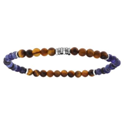 Bracelet extensible avec perles en Oeil de tigre et en Quartz bleu et marron véritable