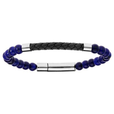 Bracelet en acier avec perles en Lapis Lazulis et cuir noir tressé 20