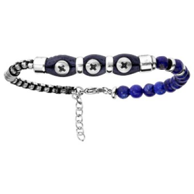 Bracelet en acier et cuir bleu avec boules quartz bleu 20+3cm