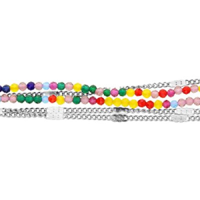 Bracelet en acier double rang de pierres multi couleurs et chaînes 17+2cm