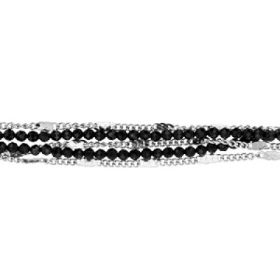 Bracelet en acier double rang de pierres noires et chaînes 17+2cm