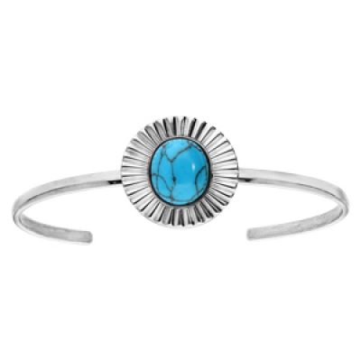 Bracelet jonc en acieravec motif stylisé et perle turquoise