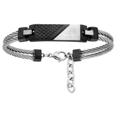 Bracelet en acier câble avec plaque décoration PVD noire 20+2cm réglable