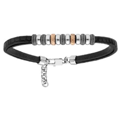 Bracelet en acier et cuir noir avec rondelles acier et PVD rose 21+2cm