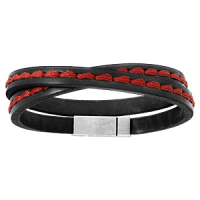 Bracelet en acier et cuir noir 2 rangs couture rouge fermoir aimanté