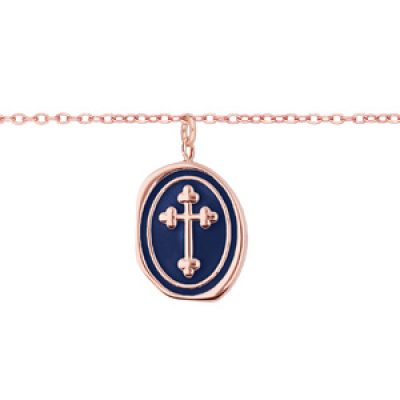 Bracelet en acier et PVd rose chaîne avec pampille Croix sur fond bleu nuit 16+3cm