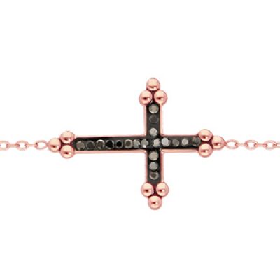 Bracelet en acier et PVD rose chaîne avec Croix noire et pierres noires 16+3cm