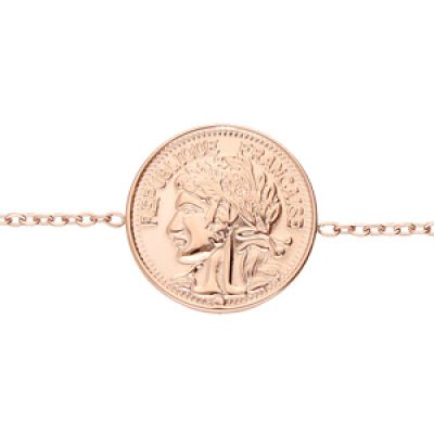 Bracelet en acier et PVD rose chaîne avec pastille fausse pièce de monnaie 16+3cm