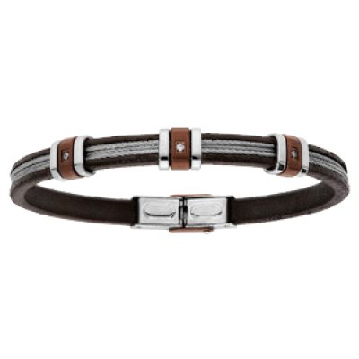 Bracelet en acier et cuir marron 3 câbles gris et 3 oxydes blancs 20cm