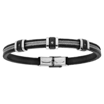Bracelet en acier et cuir avec 3 câbles gris et 3 oxydes blancs 20cm