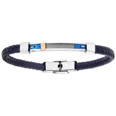 Bracelet en acier et cuir tressé plaque câbles gris et fantaisie bleue 20cm