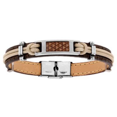 Bracelet en acier et cuir marron avec corde couleur sable et bois naturel - 21cm réglable