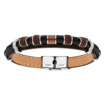 Bracelet en acier et cuir marron avec perles en bois naturel - 21cm réglable