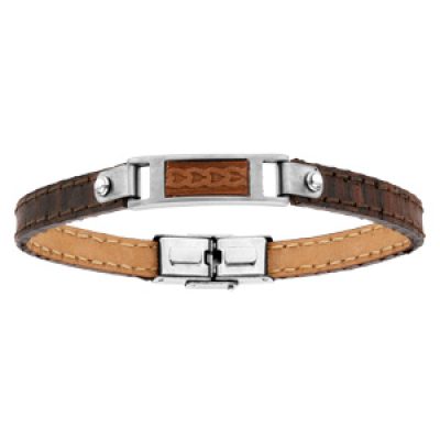 Bracelet en acier et cuir marron avec plaque de bois naturel - 21cm réglable