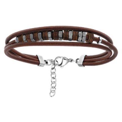 Bracelet en acier et cuir marron avec perles bois marron 18+3cm
