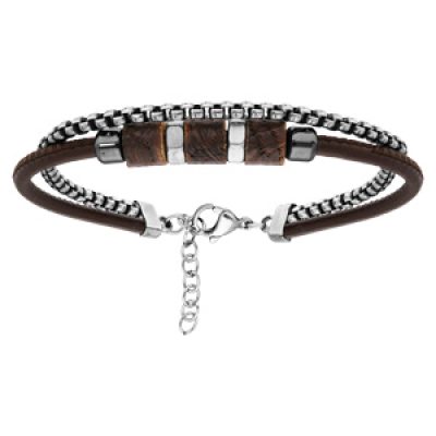 Bracelet en acier et cordon ciré marron avec décoration bois naturel et chaîne 19+3cm