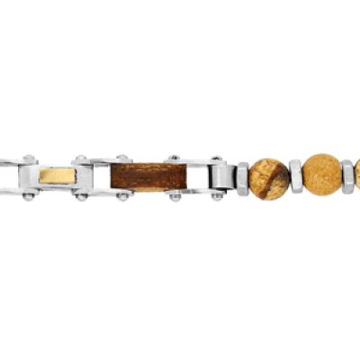 Bracelet en acier chaîne moto avec boules de bois clair naturel - 18+3cm