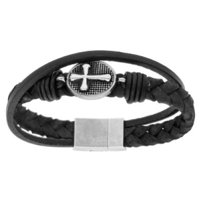 Bracelet en acier et cuir tressé noir avec Croix patinée - 22cm fermoir aimanté