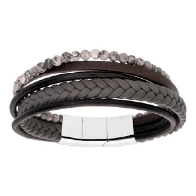 Bracelet en acier et cuir tons marron noir et gris avec boules grises double fermoir 20cm