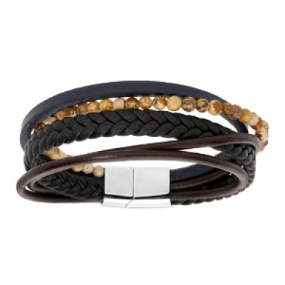 Bracelet en acier et cuir noir multi bracelets avec boules bois - double fermoir 20cm